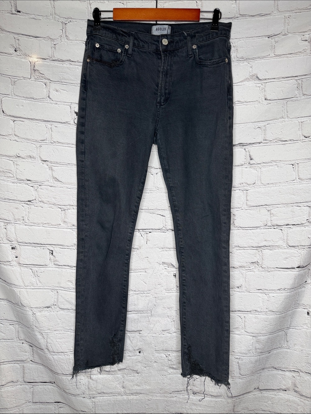 Agolde Washed Black High-Rise Straight Distressed Jeans with Raw Hem Size 28